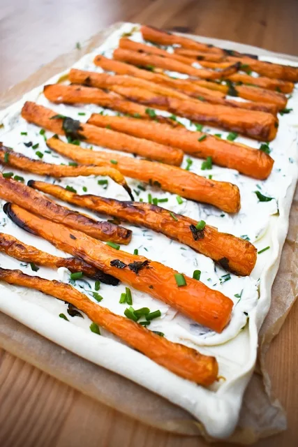 Scottish Baby Carrot & Chive Tart - step three - adding roast carrots