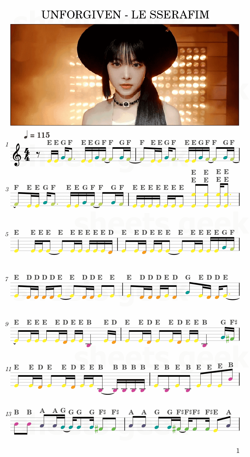 UNFORGIVEN - LE SSERAFIM feat. Nile Rodgers Easy Sheet Music Free for piano, keyboard, flute, violin, sax, cello page 1