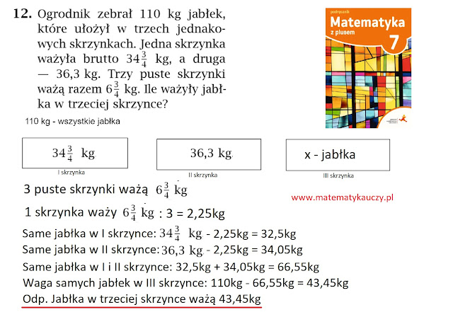 Zad.12 str.36  "Matematyka z plusem 7" - zadania z treścią