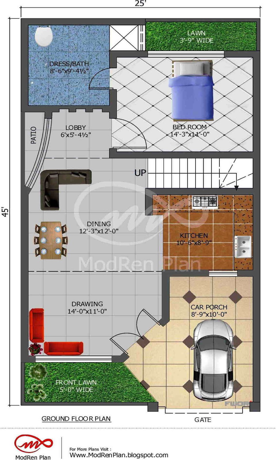  5  marla  house  plan  1200 sq ft 25x45 feet www modrenplan 