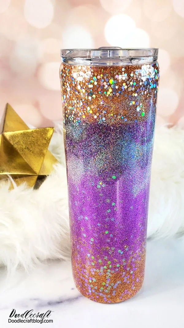 Be sure to add thick, chunky glitter to sections of the tumbler, as well as fine glitter.    I love the variety of colors, shimmers and sizes!