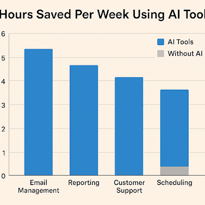 A simple bar chart showing "Hours Saved Per Week Using AI Tools" for tasks like Email Management, Reporting, Customer Support, and Scheduling. Each bar shows significant time savings (e.g., 3-5 hours) compared to a tiny "Without AI" bar.
