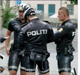 ​Ai que calor!!! ​Foto quadrada em dia claro. Três policiais noruegueses jovens em pé, ​o da esquerda de frente, ​o do centro de costas e o outro de perfil com os braços cruzados à frente do corpo. O trio ​sarado tem os músculos ​e muito mais, ​evidencia​dos​ pelo uniforme de verão justíssimo, ou melhor, colado ao corpo, destacando ombro​s​, peitoral, nádegas e o ​genital avantajado​ ​. O uniforme ​em material preto tem aspecto de couro ou emborrachado e reflete a luz do sol.  É composto por capacete estilo ciclista, ​camisa de manga curta,  ​​​opção manga comprida com emblema na lateral, abaixo do ombro, jaqueta com lapelas, nas costas escrito em letras maiúsculas brancas: Politi, acessórios presos ao cinto: pochete e walk talk, e bermudas até o meio da coxa, com uma barra xadrez em branco. O policial de perfil está sem capacete, usa um fone no ouvido esquerdo, ele tem a pele clara, cabelo raspado nariz reto, face angulosa; ele observa os dois colegas. Ao fundo,em desfoque, a fachada de um prédio.  ​   Só pra desanimar!!! ​ A foto foi postada inicialmente no Facebook por Anton Maijan, afirmando que os policiais ​      ​estavam fazendo patrulha de bicicleta no recente festival Oslo Pride.   A foto se tornou viral.  Entretanto muitos começaram a questionar se a imagem havia sido manipulada.   E foi. A foto original foi tirada pelo finlandês Toni Kaarttinen, em 2010.   ​   O uniforme original de verão é bem menos apertado e os policiais...não tão avantajados assim!!! 