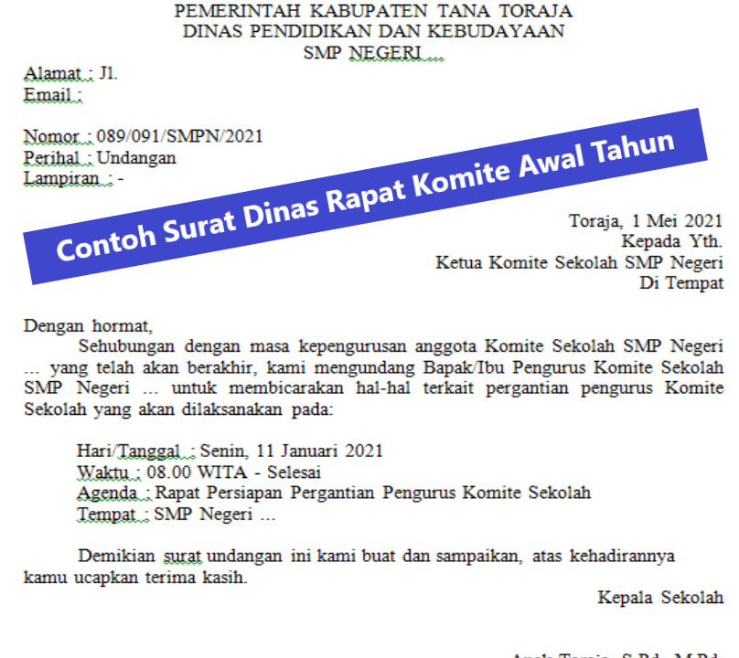 Contoh Surat Dinas Rapat Komite Awal Tahun