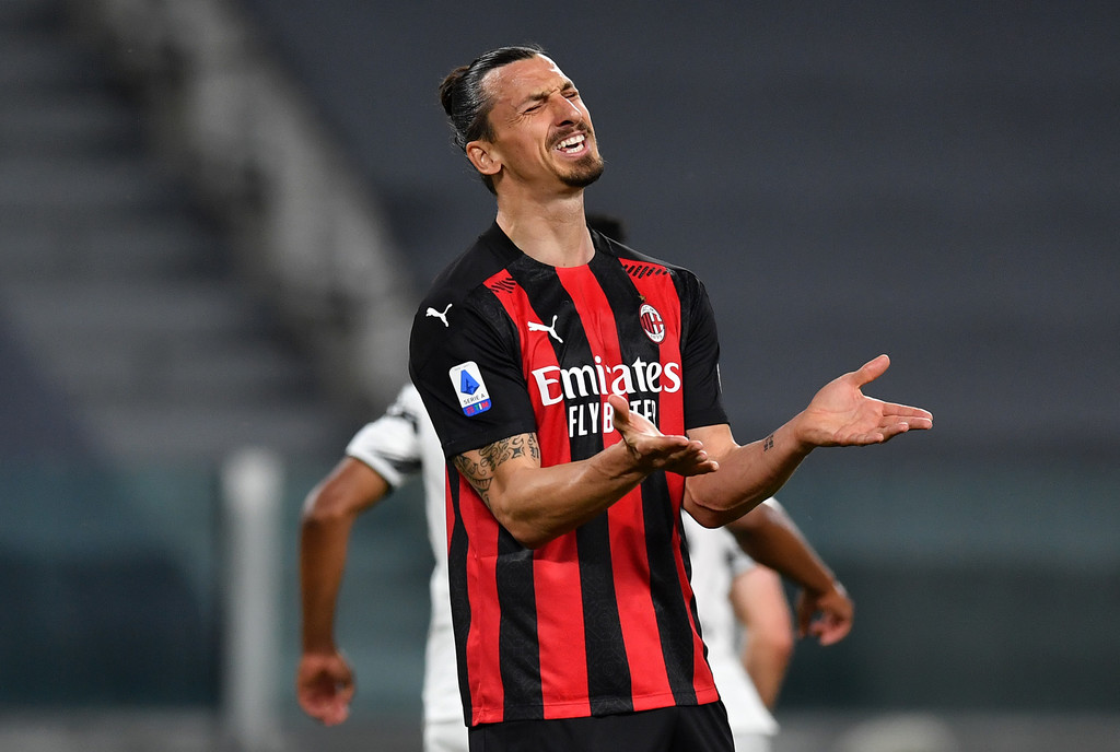 Zlatan Ibrahimovic of A.C. Milan reacts during the Serie A match between Juventus and AC Milan at on May 09, 2021 in Turin, Italy