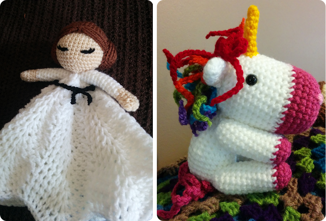 Princess Leia crochet lovey and rainbow unicorn amigurumi