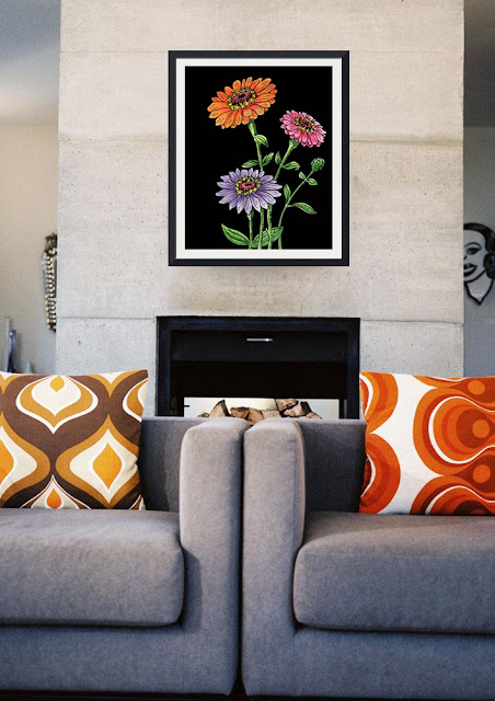 Zinnia Botanical Watercolor Flower painting in interior decor 