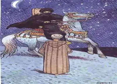 الخيميائي العربي الملثم يرتدي ثياباً وعمامةً سوداء ويحمل صقراً فوق كتفه وهو يمتطي حصاناً وأمامه سنتياجو مترجلاً