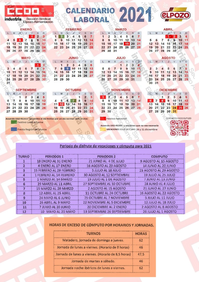 Ccoo En Elpozo Calendario Laboral Para El 2021