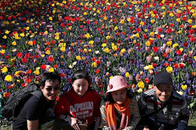 Tourists posing in front of tulips at the Keukenhof garden in Lisse.