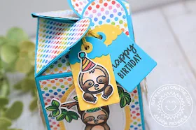 Sunny Studio Stamps: Surprise Party Paper Bold Balloons Happy Thoughts Silly Sloths Wrap Around Box Dies Birthday Card Birthday Gift Box by Angelica Conrad and Juliana Michaels