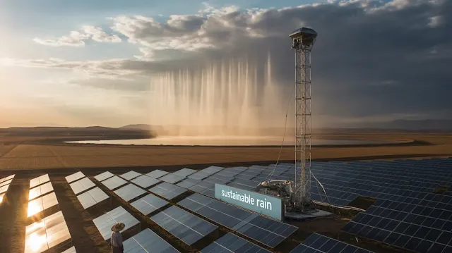 A photograph of a vast, arid landscape slowly transforming as solar panels spread across the terrain, powering a sophisticated cloud-seeding system. The system consists of tall towers emitting fine mist towards a darkening sky, creating artificial rain over parched fields below, where a farmer in a straw hat watches in hope. In the distance, a reservoir fills with fresh water, reflecting the clear sky above, highlighting the sustainable solution for water security. Golden sunlight bathes the scene, emphasizing the harmony between technology and nature, with the words "Sustainable Rain" subtly visible on one of the solar panels.