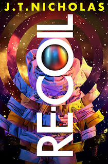book cover for Re-Coil with rainbow colored circle and an astronaut in a white space suit floating in the middle