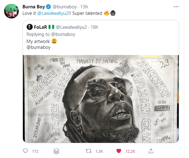 ‘Super talented’ - Burna Boy Appreciates Fan For Drawing Portrait Of Him