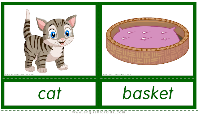 Animal homes and habitats -- cat - basket -- printable flashcards for English learners