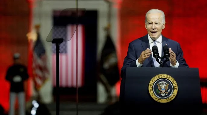 U.S. President Joe Biden conveys comments on what he calls the "proceeded with fight for the Soul of the Nation" before Independence Hall. (REUTERS/Jonathan Ernst TPX IMAGES OF THE DAY/File Photo)
