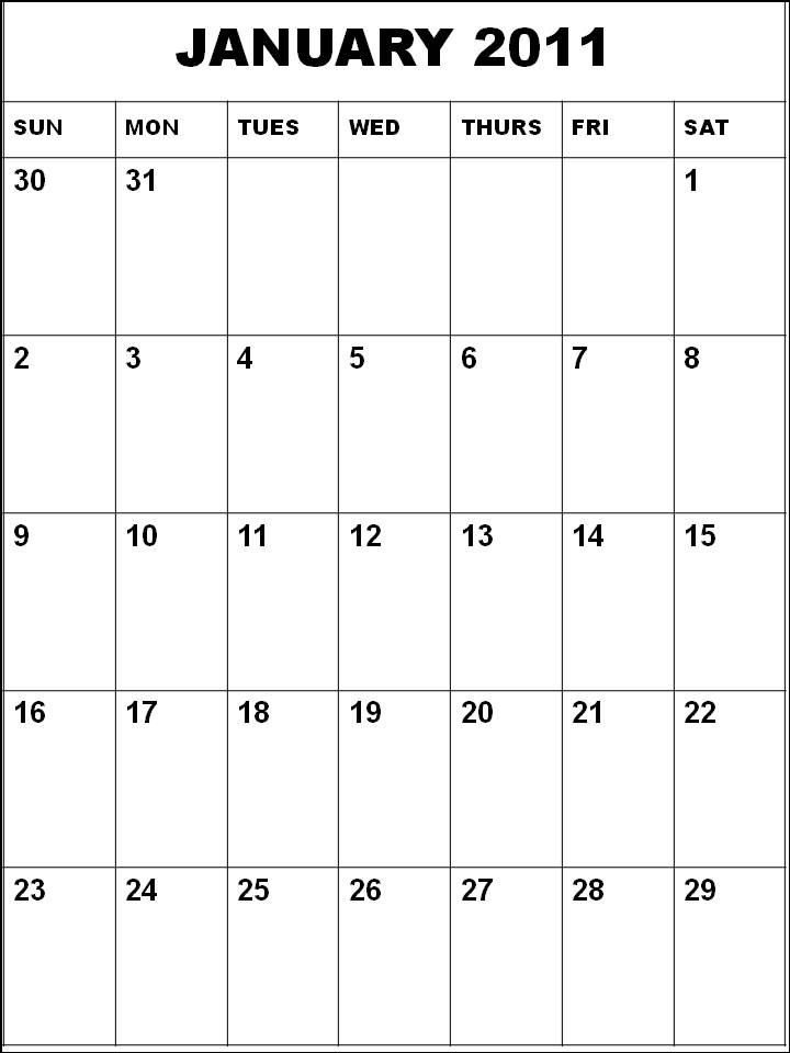 Black and White Blank Calendar 2011 January or Blank Planner 2011 January