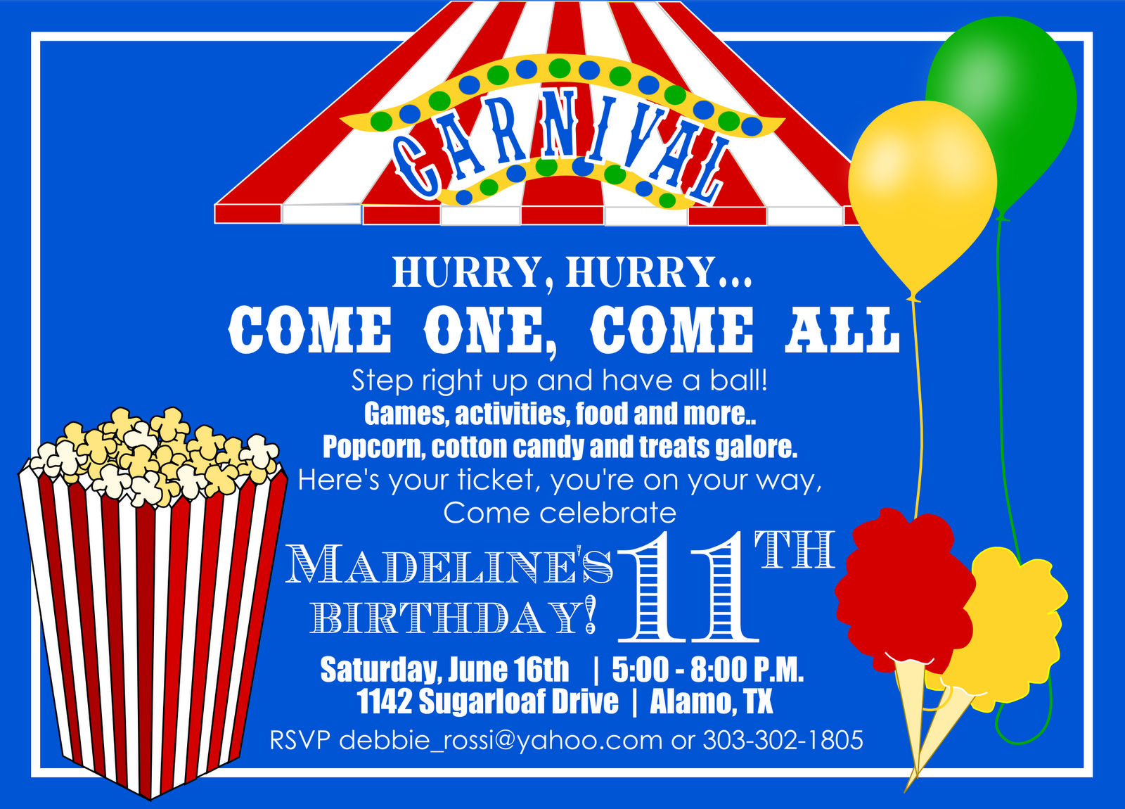 Carnival birthday invitation and ticket for Debbie