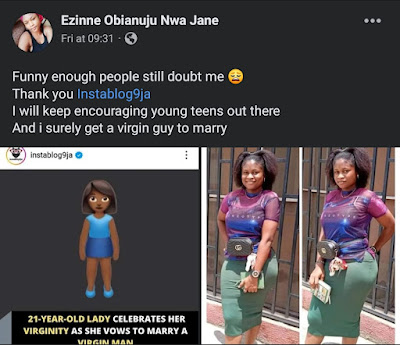 21-year-old Nigerian lady identified as Ezinne Obianuju Nwa, has taken to social media via Facebook to celebrate being a virgin.