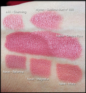 Nabla Cosmetics - Diva Crime Lipsticks - Ombre Rose - Confronto con Charming di e.l.f., il Sublime Matt n° 603 di Wycon, le Pastello labbra Ballerina, Magnolia e Miele di Neve Cosmetics