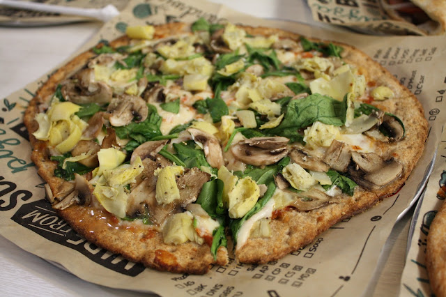 Spinach, artichoke and mushroom pizza at Olive Theory Pizzeria.