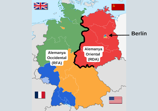 Mapa que mostra la divisió d'Alemanya en dos després de la Segona Guerra Mundial