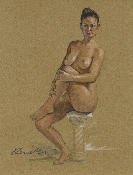 René Bui - "Pose Assise 2" étude de nu à l'aquarelle sur papier brun 15x20 cm