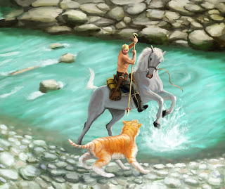 man horse tiger river attack illustration