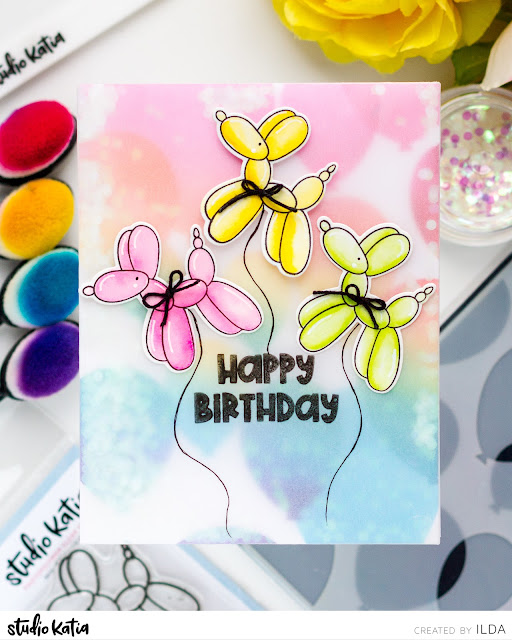 Happy Birthday, Balloons, Vellum, frameless Shaker, Card, Studio Katia,Mini Balloon Dog Stamp,Card Making, Stamping, Die Cutting, handmade card, ilovedoingallthingscrafty, Stamps, how to,