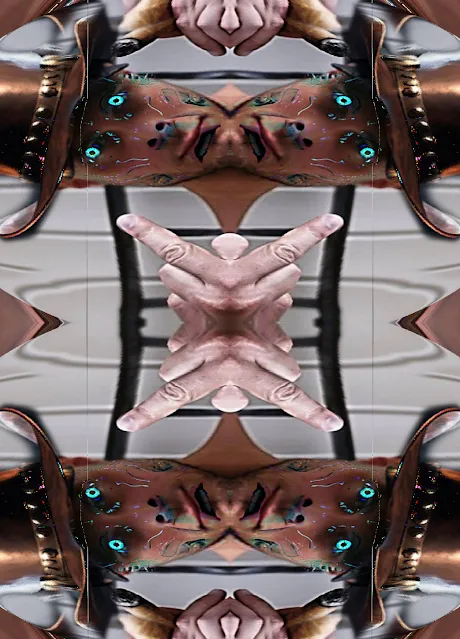 A quad Kaleidoscope design of cowboy with glowing eyes