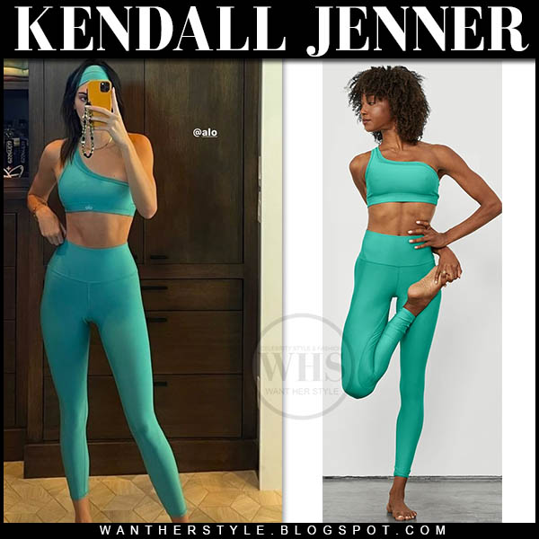 Kendall Jenner in green sports bra and green leggings