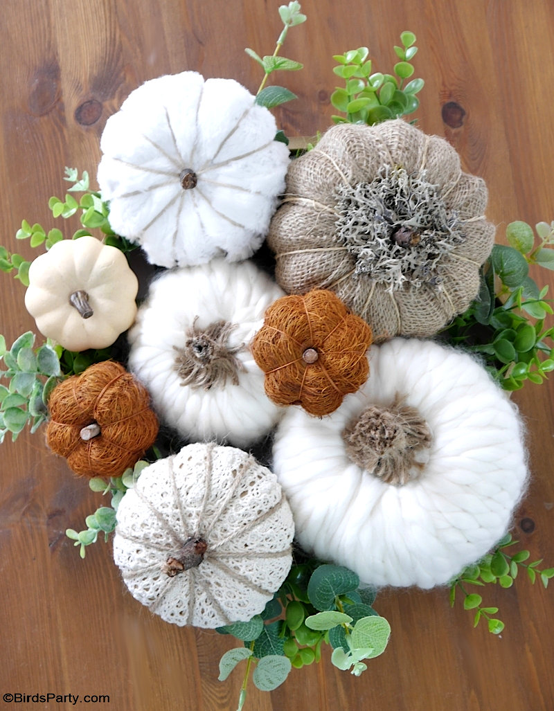 5 Neutral DIY Pumpkin Decorations for Fall - easy craft decorations to  transform cheap pumpkins into high-end looking décor for your home! by BirdsParty.com @BirdsParty #pumpkin #pumpkins #falldecor #fallcrafts #yarnpumpkins #burlappumpkins #lacepumpkins #neutralpumpkins #diycrafts #diyfall #dollartree #dollarstore #farmhousedecor #farmhouse