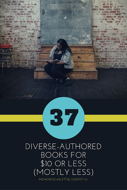 A vertical banner featuring a photo of a young black woman seated on some indoor steps as she writes in a notebook. The caption below reads 37 Diverse-Authored Books For $10 or less (Mostly Less)