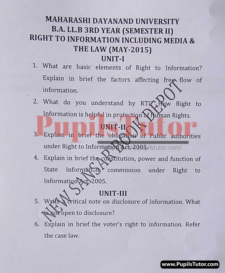 MDU (Maharshi Dayanand University, Rohtak Haryana) LLB Regular Exam (Hons.) Second Semester Previous Year Right To Information Including Media And The Law Question Paper For May, 2015 Exam (Question Paper Page 1) - pupilstutor.com