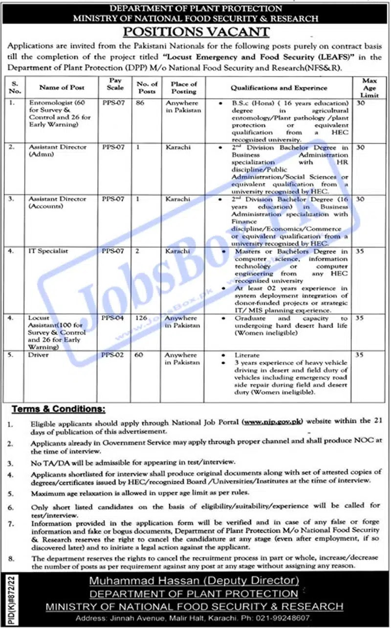 Job Advertisement Of Ministry 0f National Food Security and Research Jobs 2022