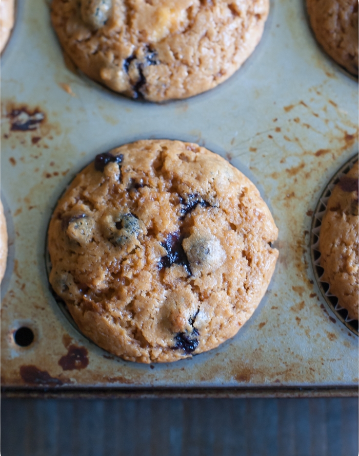 Peach Blueberry Coconut Sugar Muffins in tin