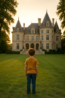 "A child looking at a grand estate, symbolizing spiritual inheritance"