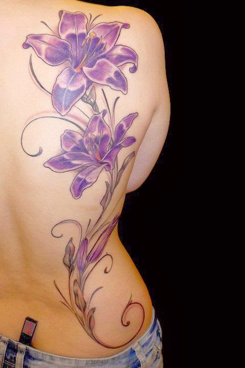 Women Back Lily Flower Tattoo, Lily Flower Bud Tattoo Designs, Women Back Purple Lily Tattoo, Lily Buds Blossom Flower Women Back Tattoo, Women, Flower, Parts,