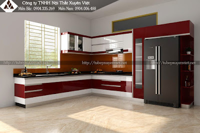 Mẫu tủ bếp đẹp chữ L sắc đỏ nổi bật