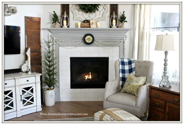 Winter Mantel-French Country-Farmhouse-Corbels-flameless candles-chimenylanterns-buffalo check balnket-From My Front Porch To Yours