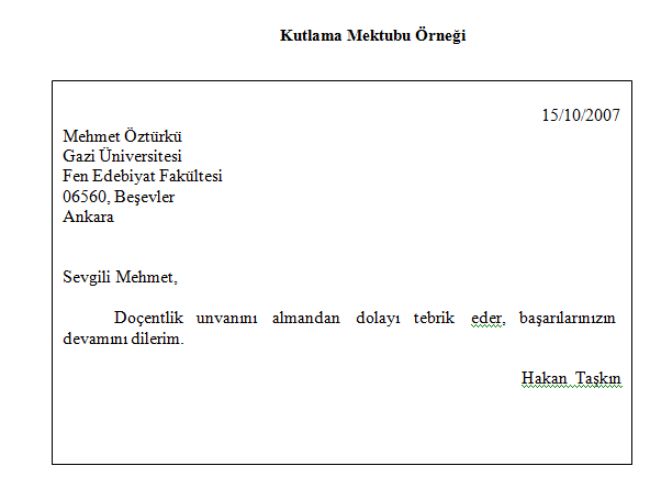 Kutlama mektubu örneği