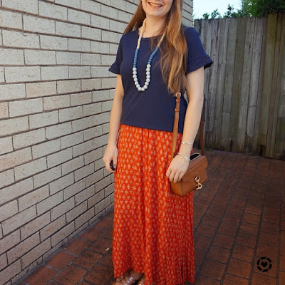 awayfromblue Instagram navy frill sleeve top red boho printed maxi skirt MAB camera bag