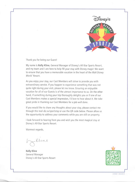 Letter from Disney's All-Star Sports Resort General Manager Kelly Kline