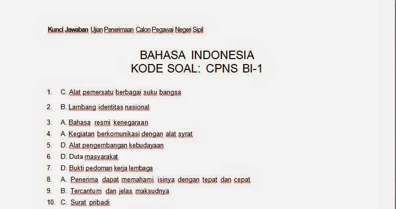 Kunci Jawaban Latihan Soal Tes CPNS Bahasa Indonesia
