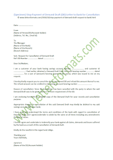 Stop Payment of Demand Draft (DD) Letter to Bank for Cancellation