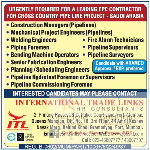 Cross Country Pipeline Project Jobs for Saudi Arabia