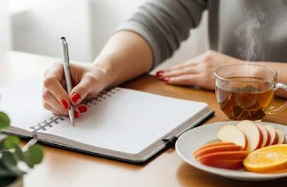 Mão feminina marcando tarefas em um planner ao lado de chá e frutas, simbolizando rotina disciplinada, autocuidado e hábitos saudáveis para emagrecimento.