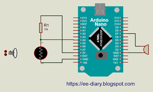 Circuit schematic diagram of LDR, Arduino, Buzzer