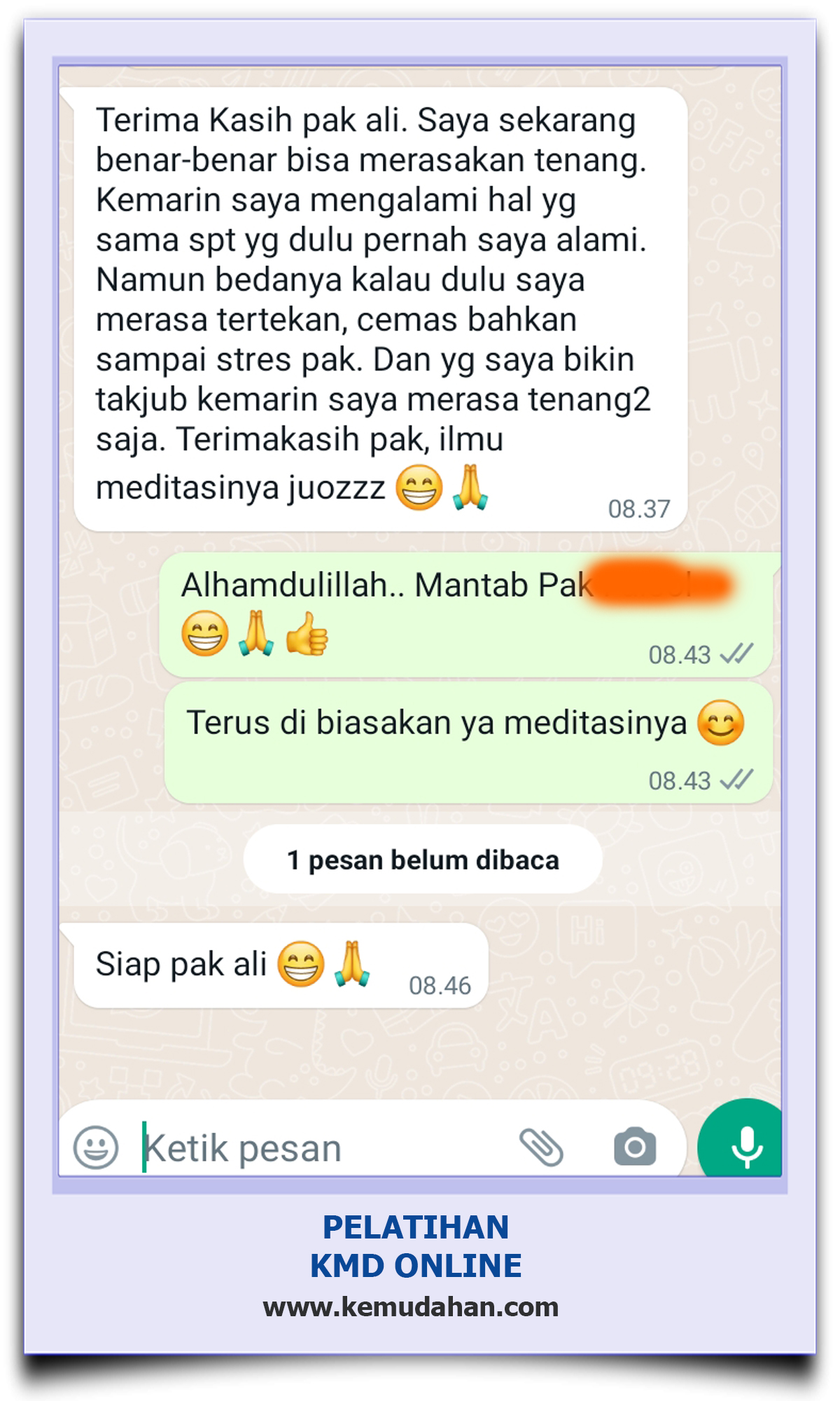 Testimoni pelatihan kmd online kekuatan pikiran