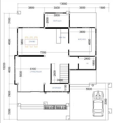  plan  maison  13 x  15  avec 4 chambres